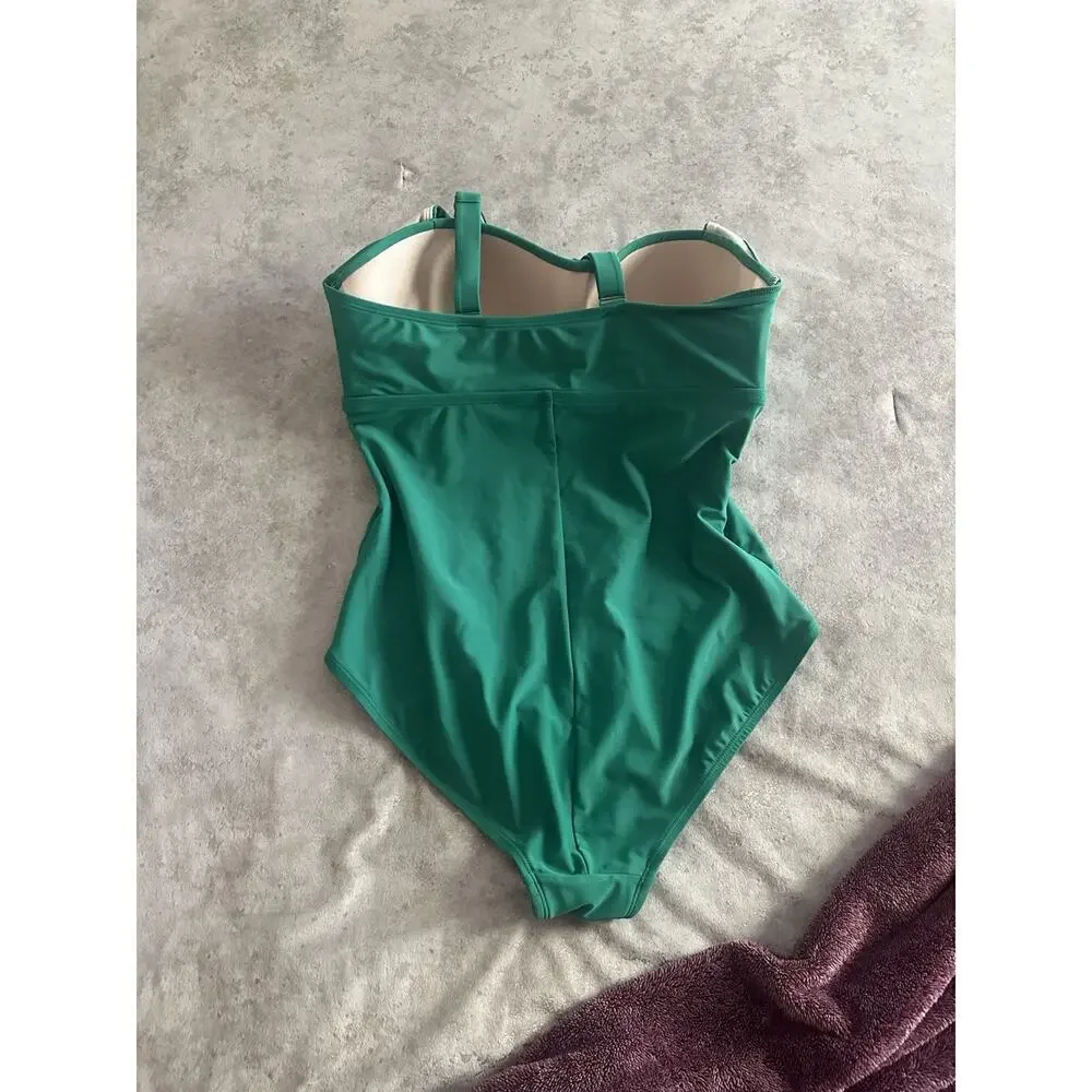 Women's Kona Sol Textured Square Neck High Coverage One Piece Green Swimsuit~